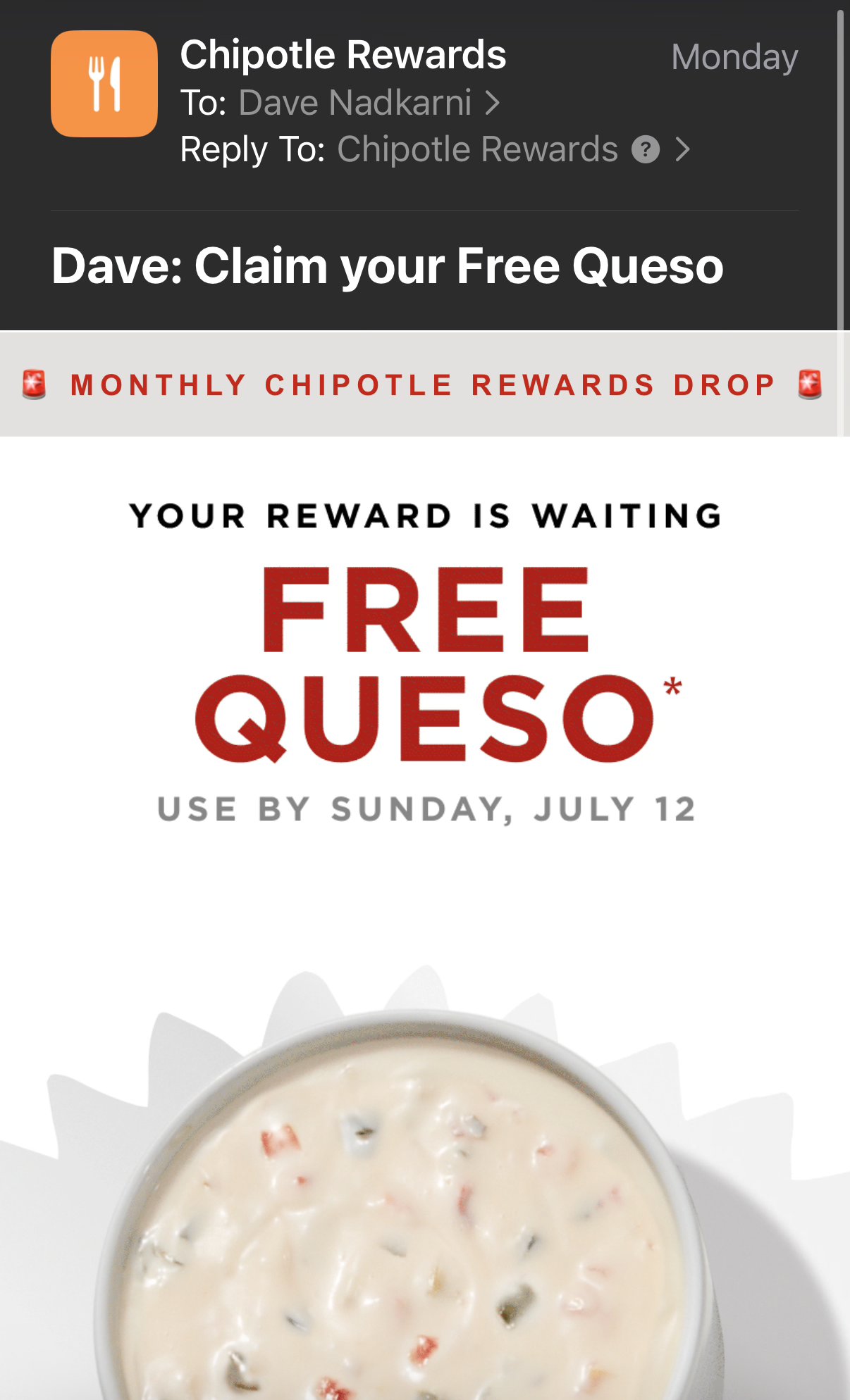 Chipotle's "Dave: Claim your Free Queso" email